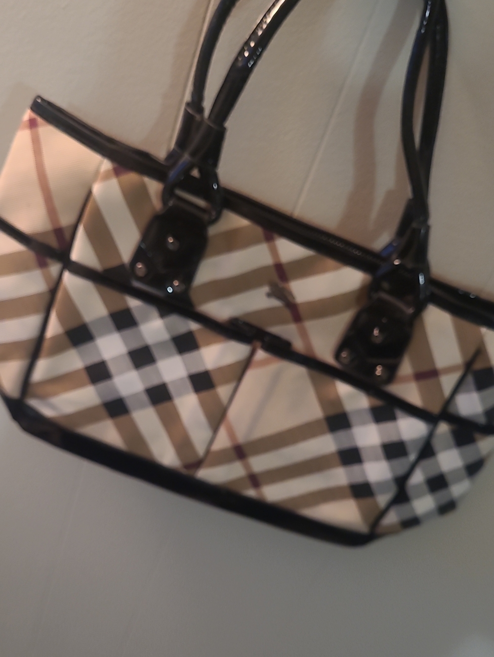 Burberry Beige Plaid Shoulder Bag with Black Trim and Patent Handles